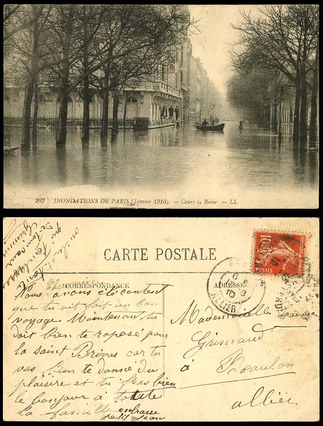PARIS FLOOD Jan 1910 Old Postcard Cours La Reine Boat Flooded Street L.L. No.202