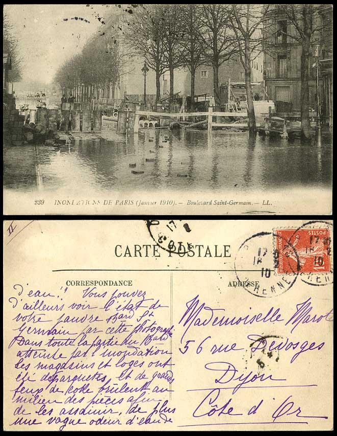 PARIS FLOOD 1910 Old Postcard Boulevard Saint-Germain Flooded Street L.L. No.239