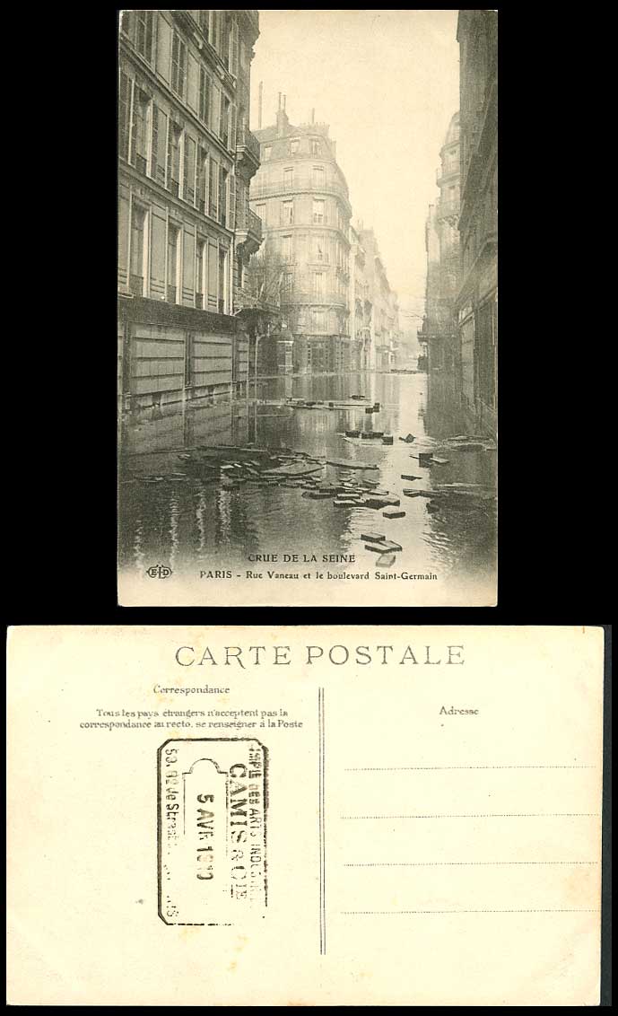 PARIS FLOOD 1910 Old Postcard Rue Vaneau et le Boulevard Saint-Germain Camis Cie