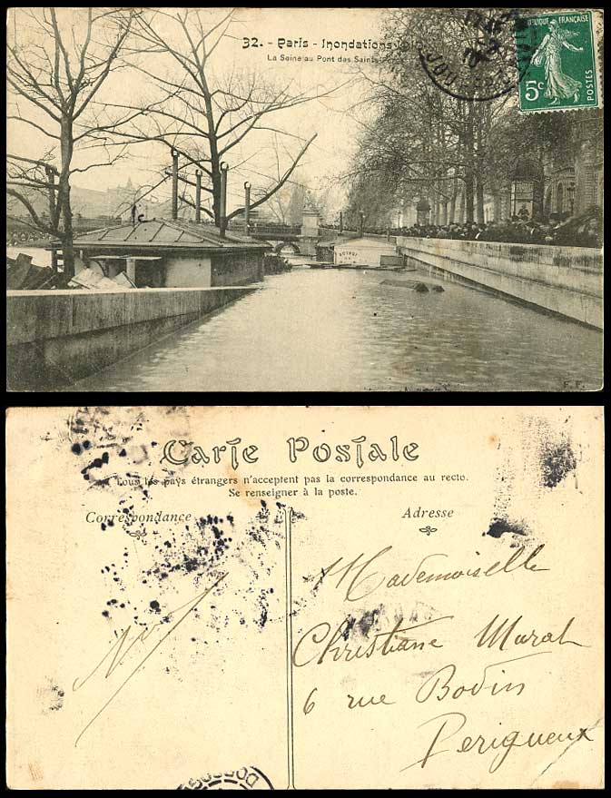PARIS FLOOD 5c. 1910 Old Postcard Le Seine au Pont des Saints-Peres Bridge No.32