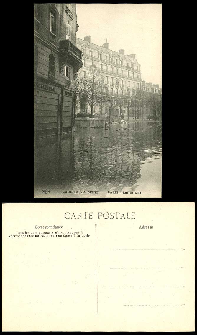 PARIS FLOOD 1910 Old Postcard Rue de Lille Flooded Street Scene Grapellerie Crue