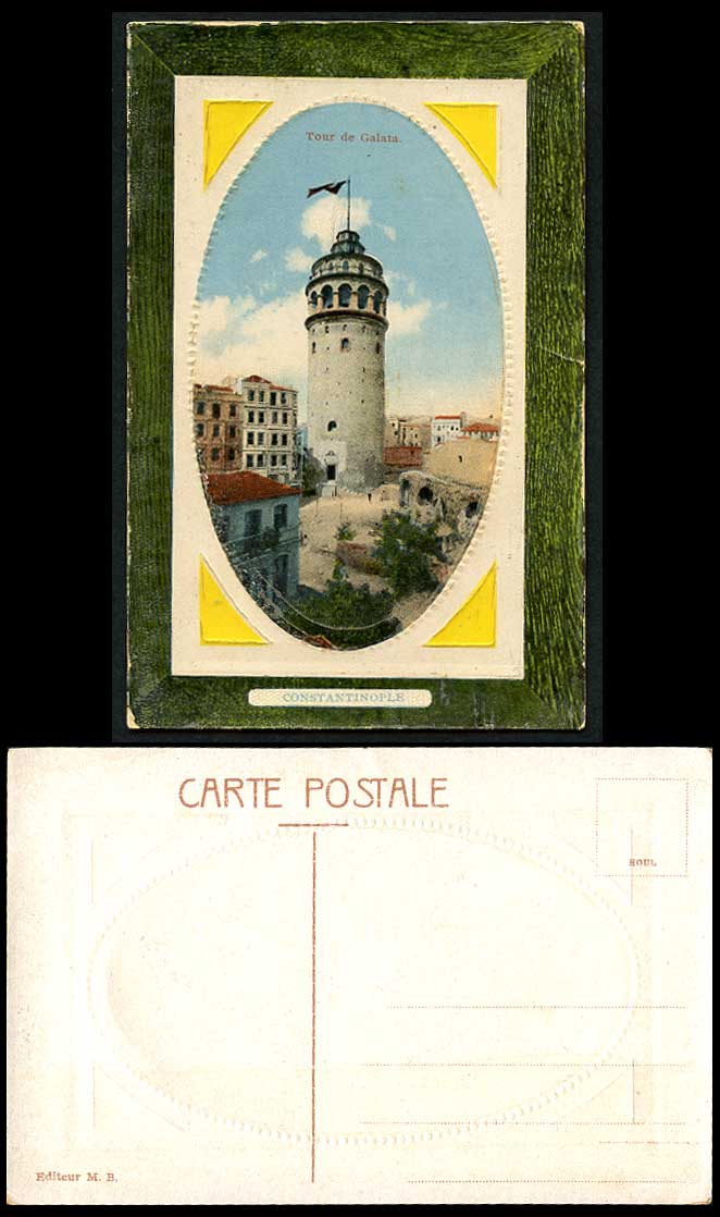 Turkey Constantinople Old Embossed Postcard TOUR DE GALATA Tower with Flag Ruins