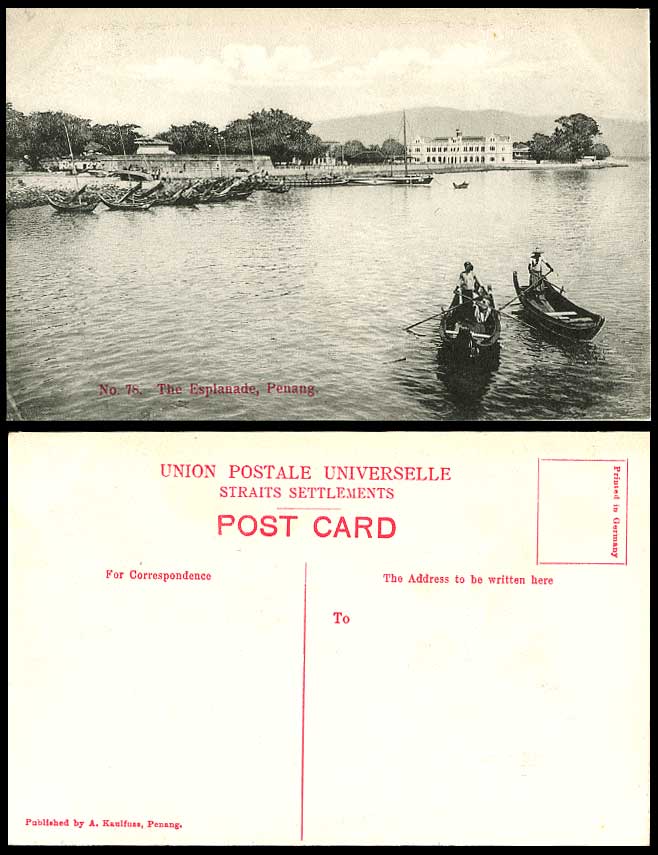 Penang Old Postcard The Esplanade Native Boats Harbour Panorama Malay A Kaulfuss