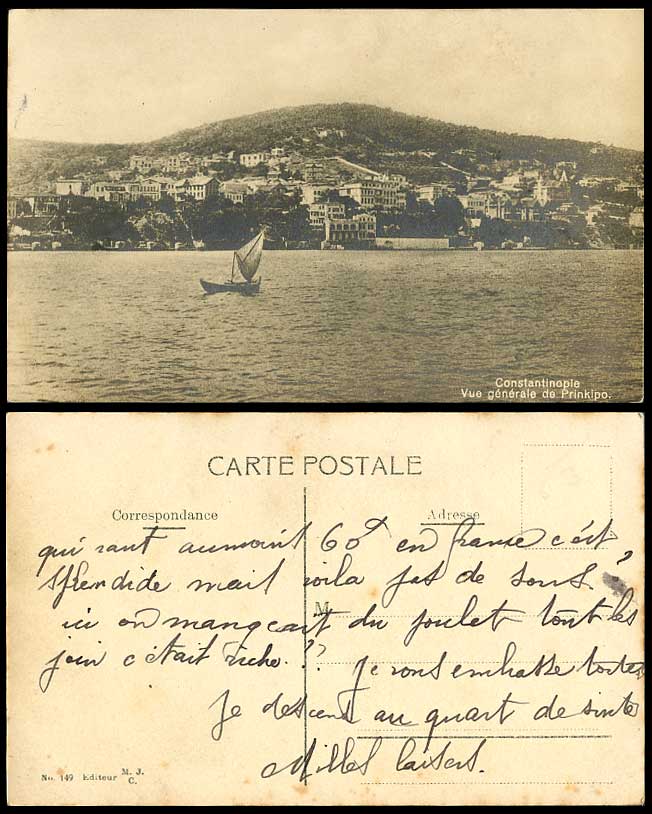 Turkey Old Real Photo Postcard Constantinople PRINKIPO General View Sailing Boat