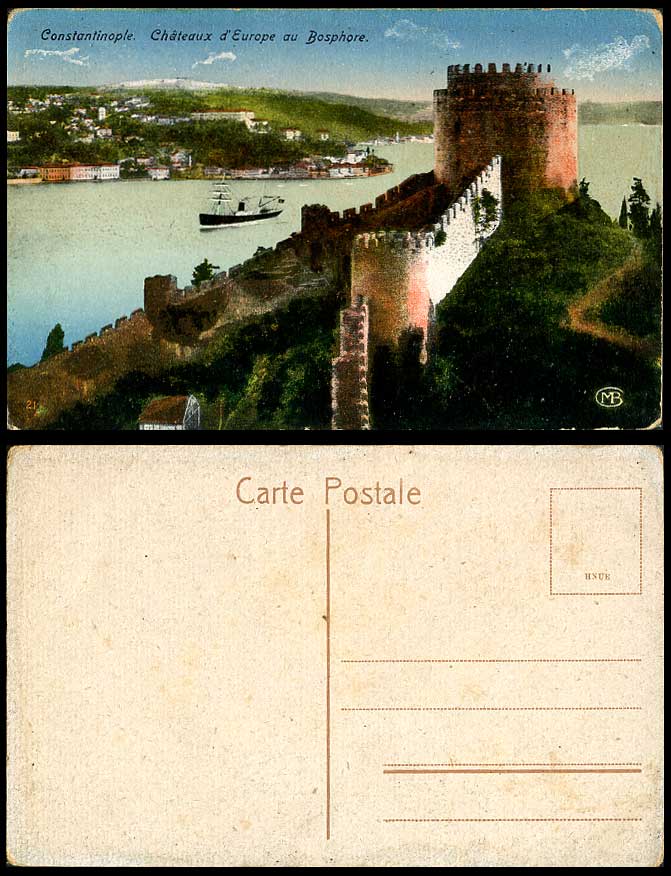 Turkey Constantinople Old Colour Postcard Chateaux d'Europe Bosphore Castle Ship