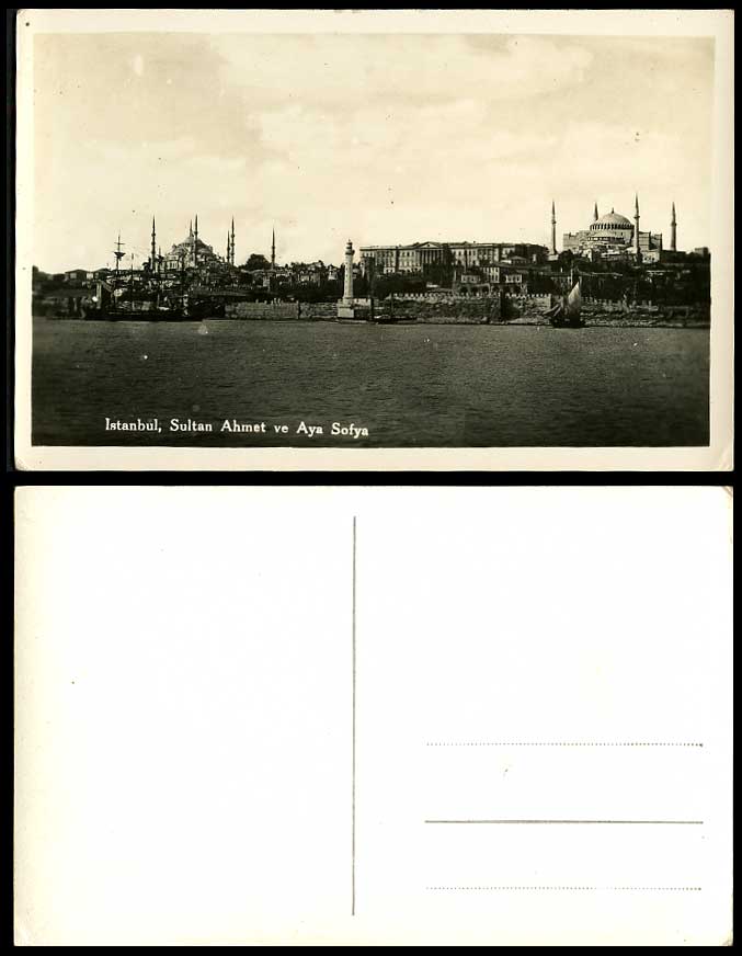 Turkey Old Real Photo Postcard Sultan Ahmed Aya Sofya Lighthouse Istanbul Boats