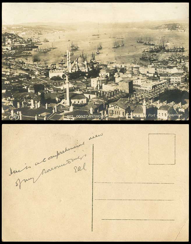 Turkey Old RP Postcard Constantinople Port Harbour Bosphore Panorama Bridge Ship