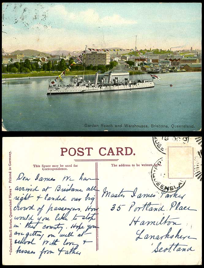 Australia Old Postcard Garden Reach and Warehouses, Warship, Brisbane Queensland