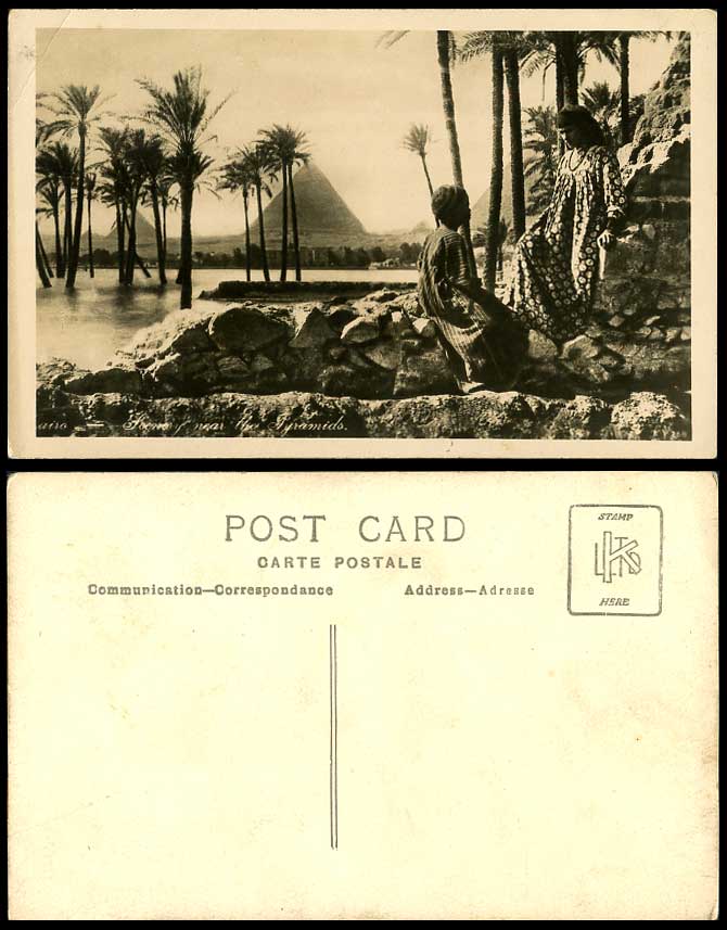 Egypt Old Real Photo Postcard Cairo Scene near Pyramids Giza Girl Boy Palm Trees