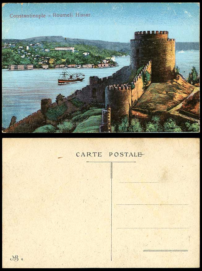 Turkey Old Color Postcard Constantinople Roumeli-Hissar Tower Steam Ship Steamer