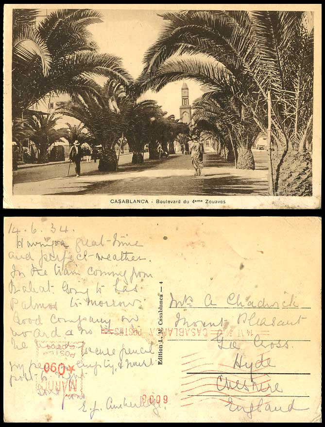 Morocco Red Meter Mark 1934 Old Postcard Casablanca - Boulevard du 4eme Zouaves