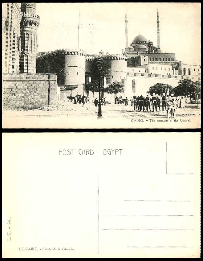 Egypt Old Postcard Cairo Entrance of Citadel Street Scene Soldiers Police Donkey
