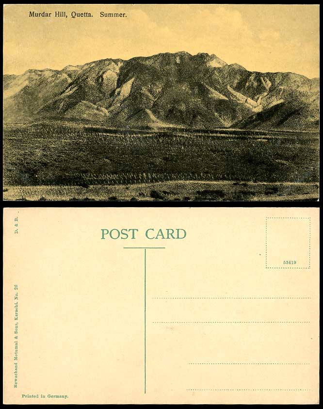 Pakistan Old Postcard Murdar Hill QUETTA Summer Mountains Rewachand Motumal Sons