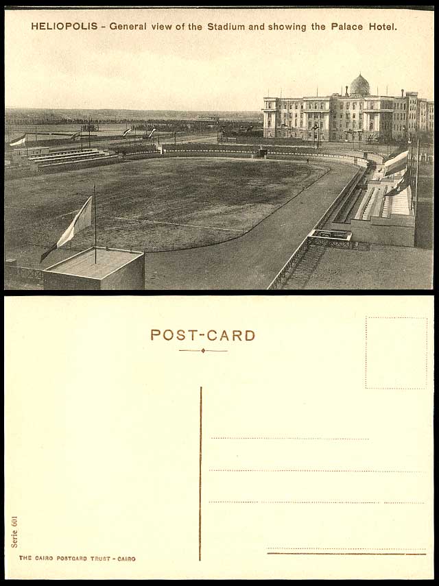 Egypt Old Postcard HELIOPOLIS General View of Stadium Showing Palace Hotel Flags