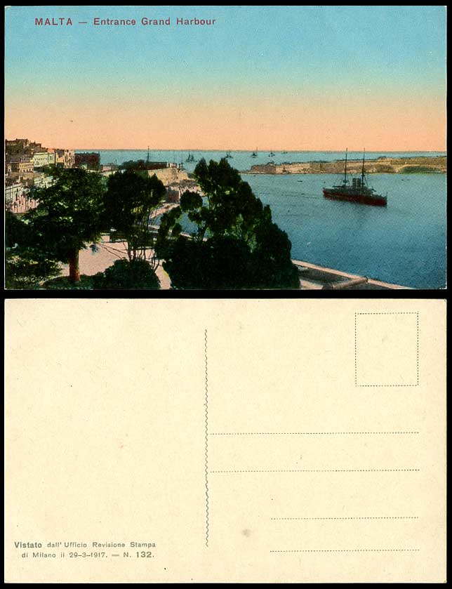 Malta Old Colour Postcard Entrance Grand Harbour Battleship Warship Steamer Pier