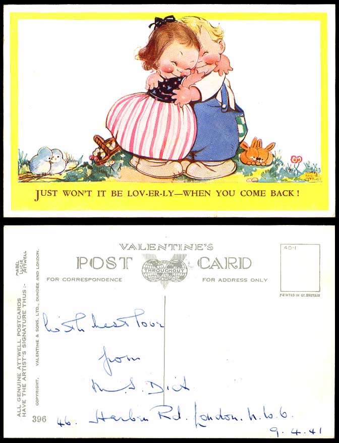 MABEL LUCIE ATTWELL 1941 Old Postcard Boy Girl Hug Lovely When You Come Back 396