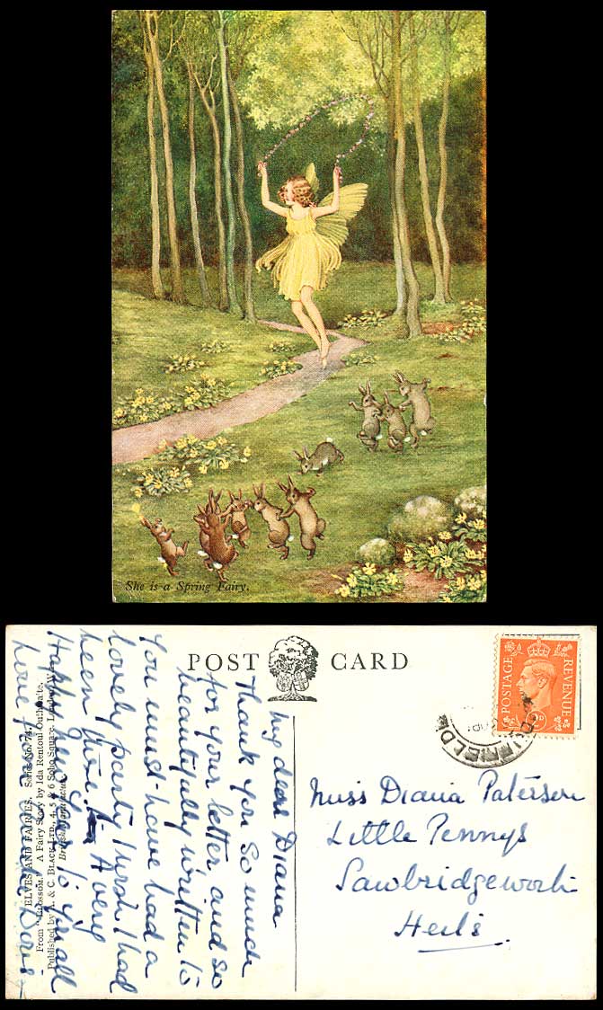 IR OUTHWAITE Old Postcard She is Spring Fairy Girl Skipping Rope Rabbits Blossom