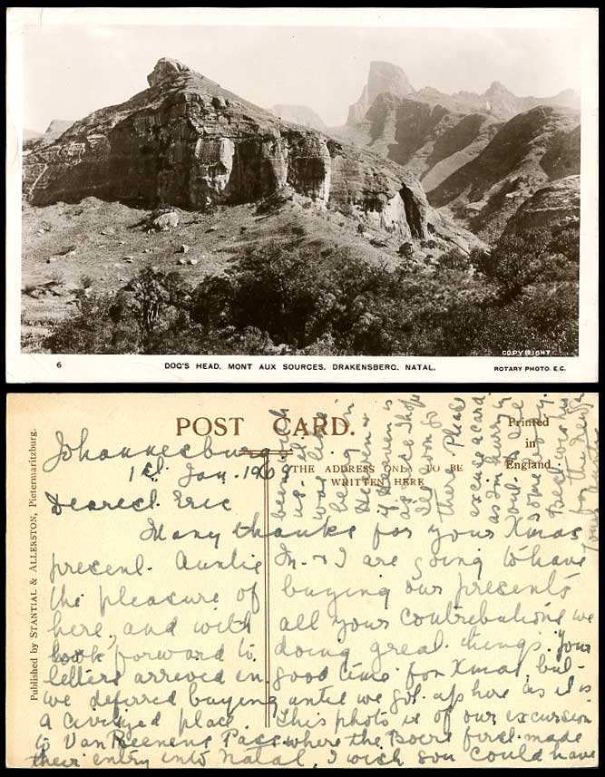 South Africa NATAL Drakensberg, Dog's Head Mont Aux Sources 1909 Old RP Postcard