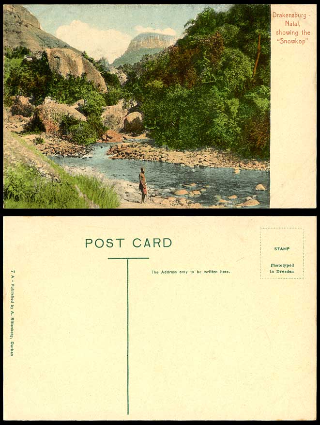 South Africa Old Hand Tinted Postcard Drakensburg Natal showing The Snowkop, Man