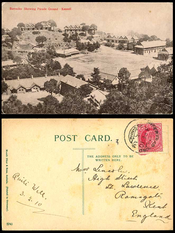 India KG5. 1a. 1910 Old Postcard Kasauli Military Barracks Showing Parade Ground