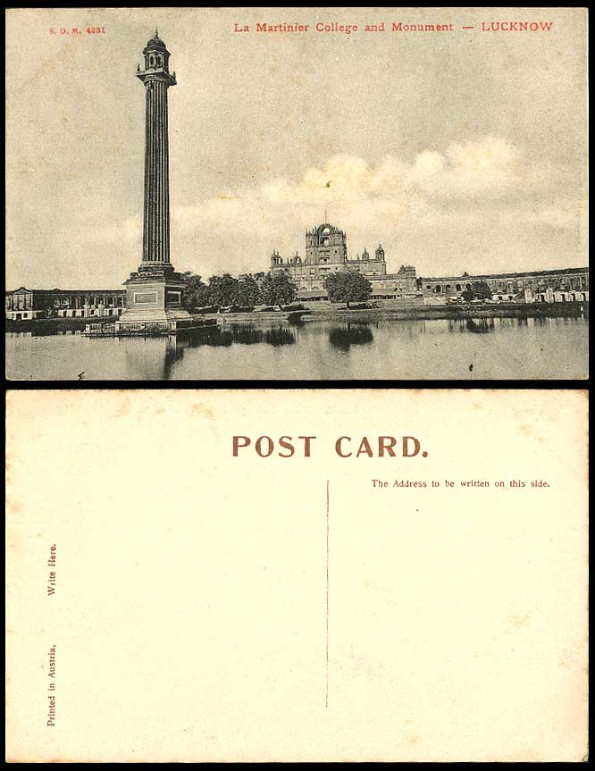 India Old Postcard La Martiniere College & Monument Lucknow Lake School building