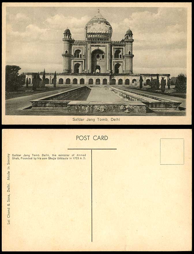 India Old Postcard Safdar Jang Tomb Delhi, Built by Son, Shuja Uddaula 1753 A.D.