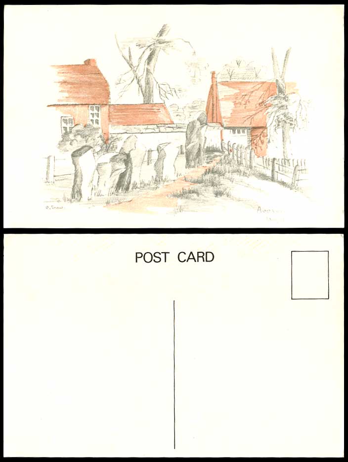 C. Snow Artist Signed Avebury Pencil Sketch Stones Rocks 1975 Color ART Postcard