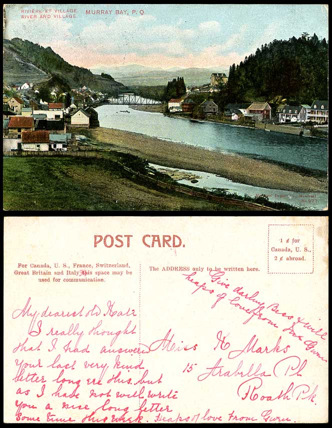 Canada Old Colour Postcard Murray River Scene and Village Murray Bay P.Q. Bridge