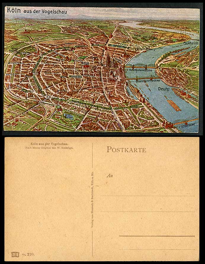 Germany MAP Cologne aus der Vogelschau Bridges & River Scene, Deutz Old Postcard