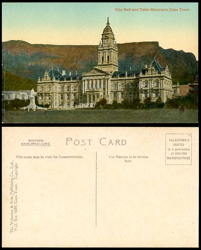 South Africa Old Postcard City Hall, Table Mountain Cape Town Clock Tower Statue
