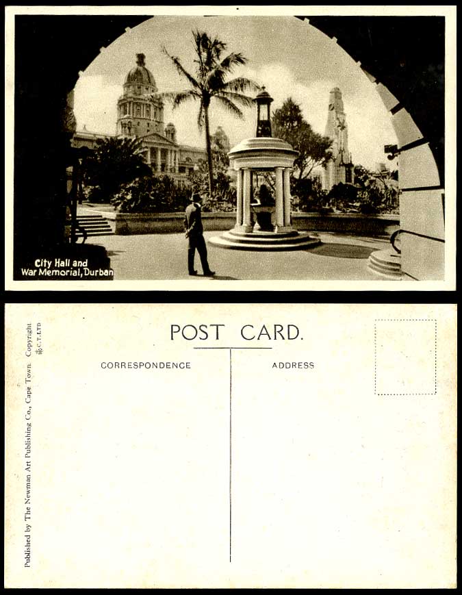 South Africa Durban, War Memorial & City Hall Arched Gate Palm Tree Old Postcard