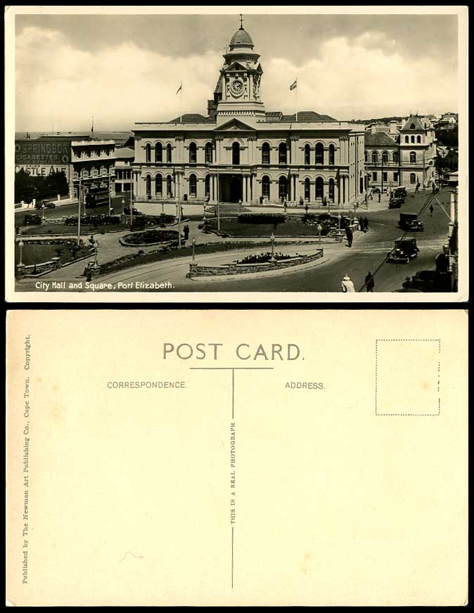 South Africa Old Postcard Port Elizabeth City Hall and Square, Street Scene TRAM