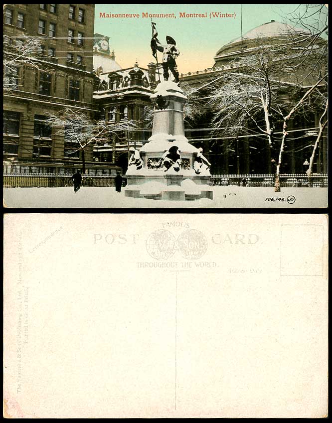Canada Old Postcard Maisonneuve Monument MONTREAL Winter Snow Clock Statue
