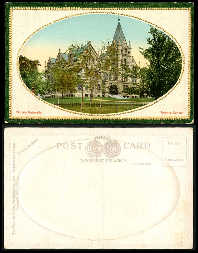 Canada Old Colour Postcard Victoria University School Building Toronto, Embossed