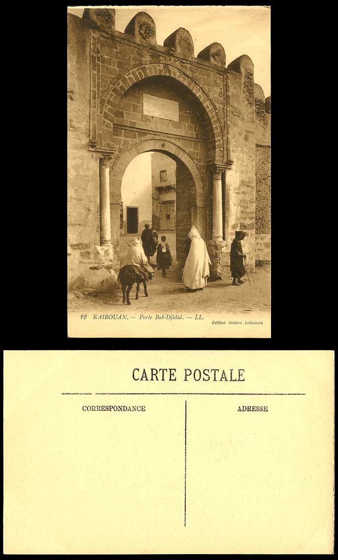 Tunisia Kairouan Old Postcard Porte Bab-Djidid Entrance Gate Donkey Rider L.L.12
