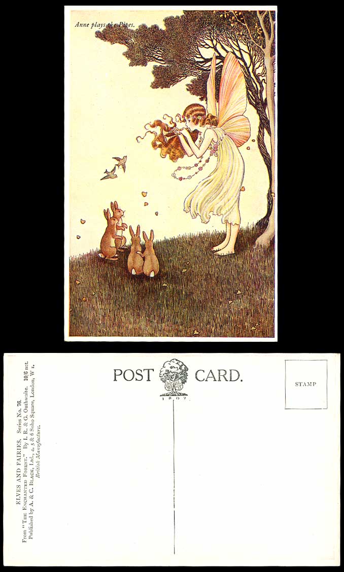 I.R. OUTHWAITE Old Postcard Fairy Girl Anne Plays Pipes Rabbits Enchanted Forest