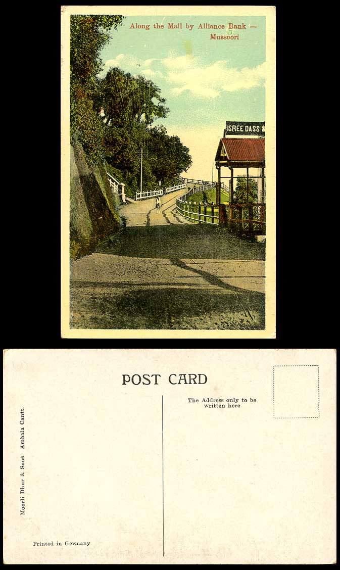 India Old Colour Postcard Along The Mall by Alliance Bank Mussoorie Isree Dass &