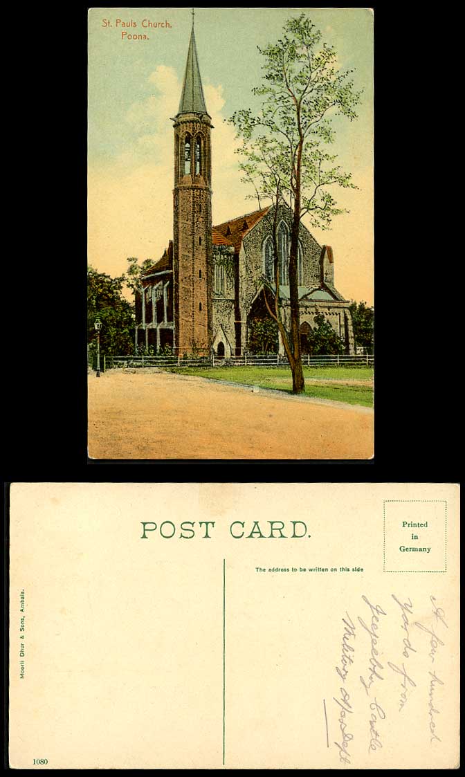 India Old Colour Postcard ST. PAUL'S CHURCH POONA, Pune Bell Tower Moorli Dhur &