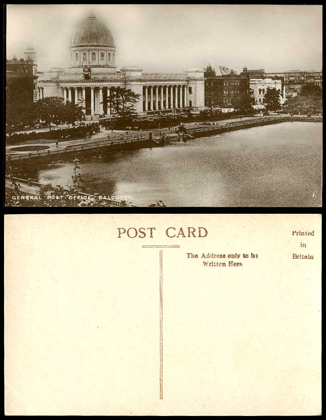 India Old Postcard General Post Office G.P.O. Calcutta Clock Tower Lake Panorama