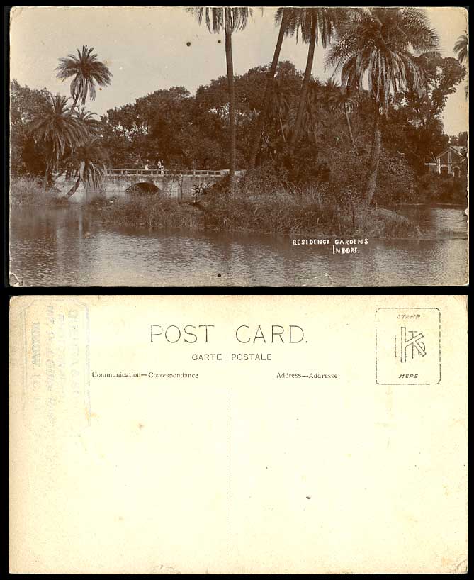 India Old Real Photo Postcard Residency Gardens Bridge INDORE Palm Trees on Isle