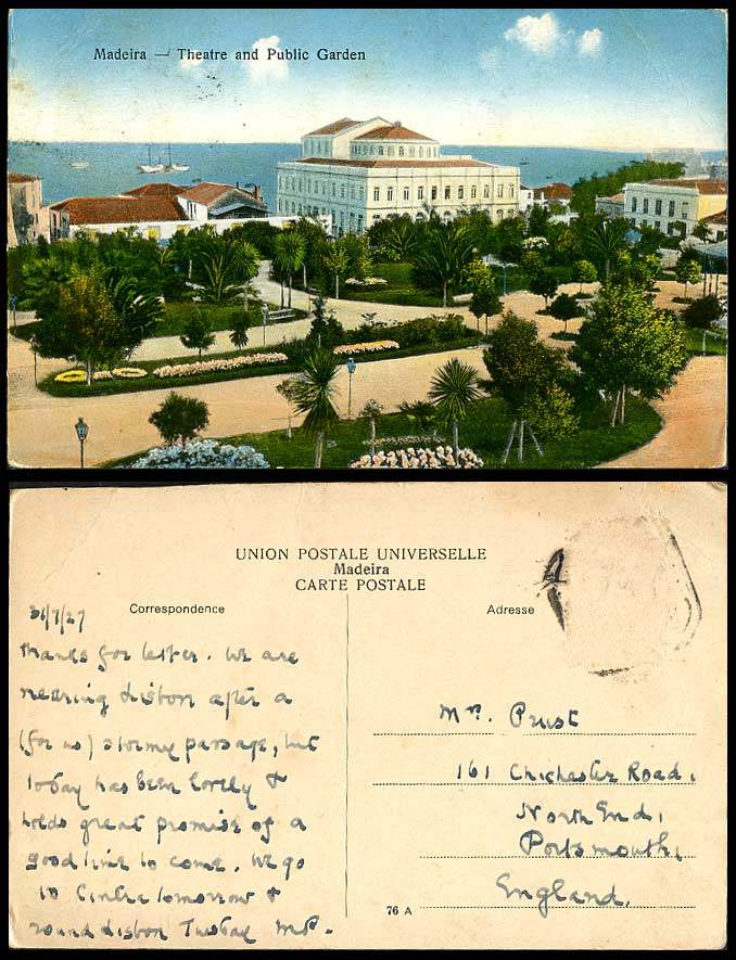 Portugal Old Colour Postcard Madeira Theatre and Public Garden, Palm Trees Boats