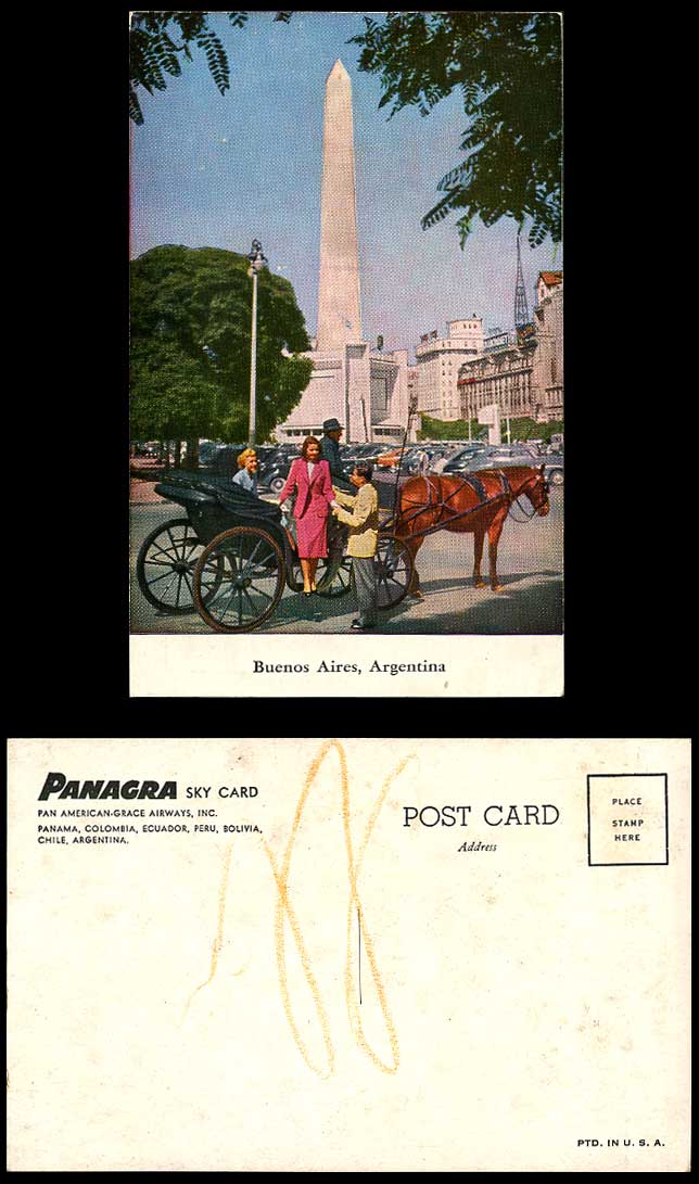 Argentina Old Postcard BUENOS AIRES Obelisco Obelisk, Pan American-Grace Airways