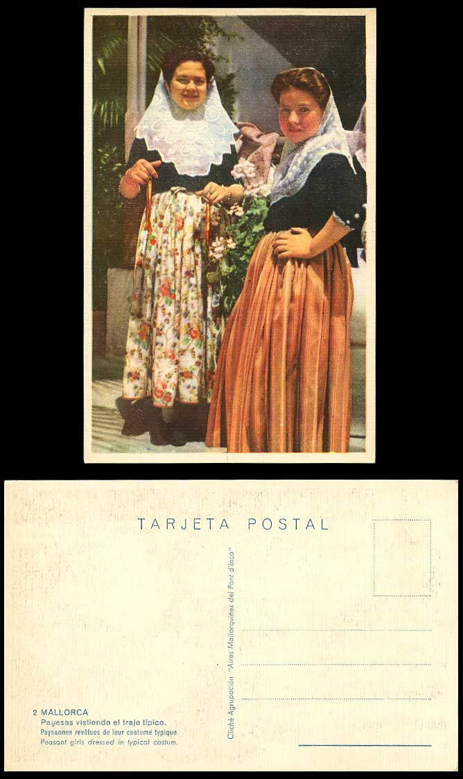 Spain Mallorca Old Postcard Peasant Girls Women, Typical Costumes Lace Headscarf