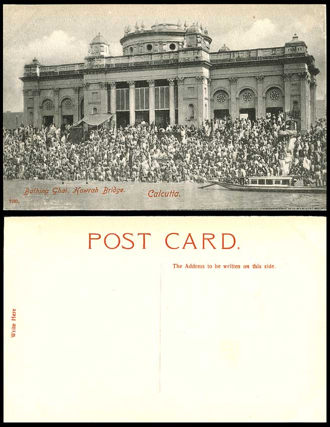 India Old Postcard BATHING GHAT, HOWRAH BRIDGE, Calcutta, Boat Crowd River Scene