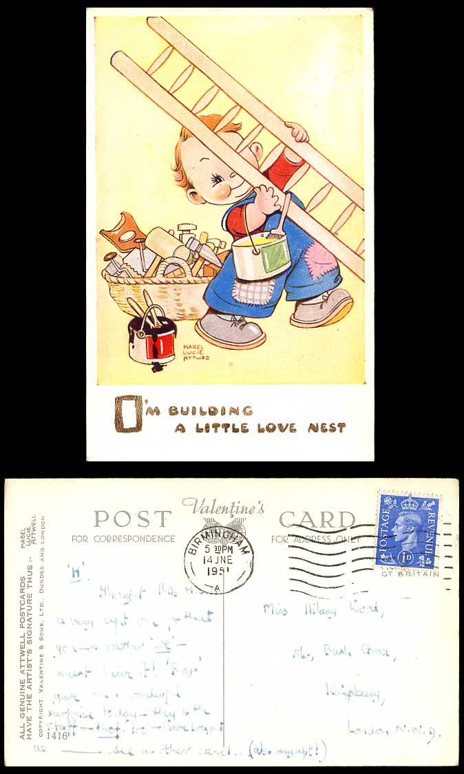 MABEL LUCIE ATTWELL 1951 Old Postcard I'm Building a Little Love Nest 1416 Paint