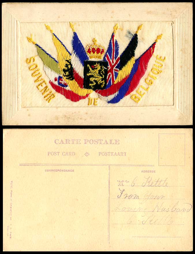WW1 SILK Embroidered Old Postcard Souvenir de Belgique Belgium Flag Coat of Arms