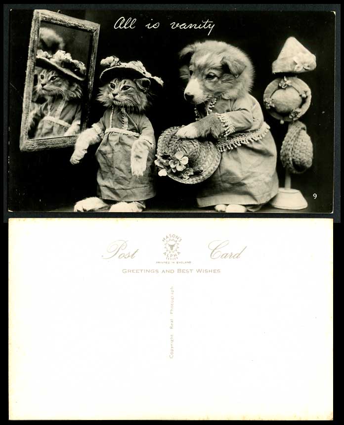 Dressed Cats Kittens All Is Vanity Mirror Hats Fashion Glamour 1932 Old Postcard