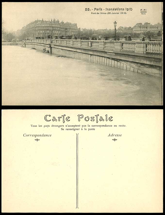 PARIS FLOOD 28 Jan. 1910 Old Postcard Pont de l'Alma Alma Bridge & Flooded River
