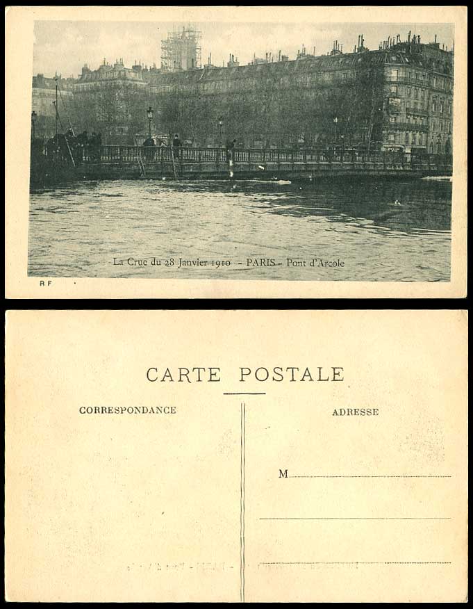 PARIS FLOOD 28 Jan 1910 Old Postcard Pont d'Arcole Bridge & Flooded River Scene