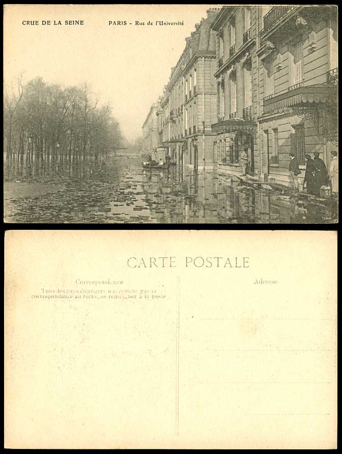 PARIS FLOOD 1910 Old Postcard Rue de l'Universite University Street Scene, Boats